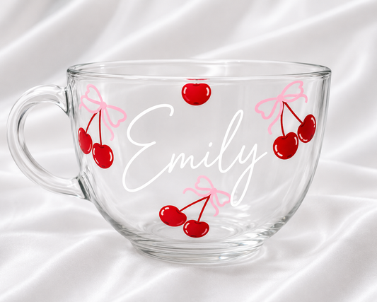 Personalised Cherry Glass Cappuccino Mug | Custom Name Glass Coffee Cup | Cute Cherry Mug Gift