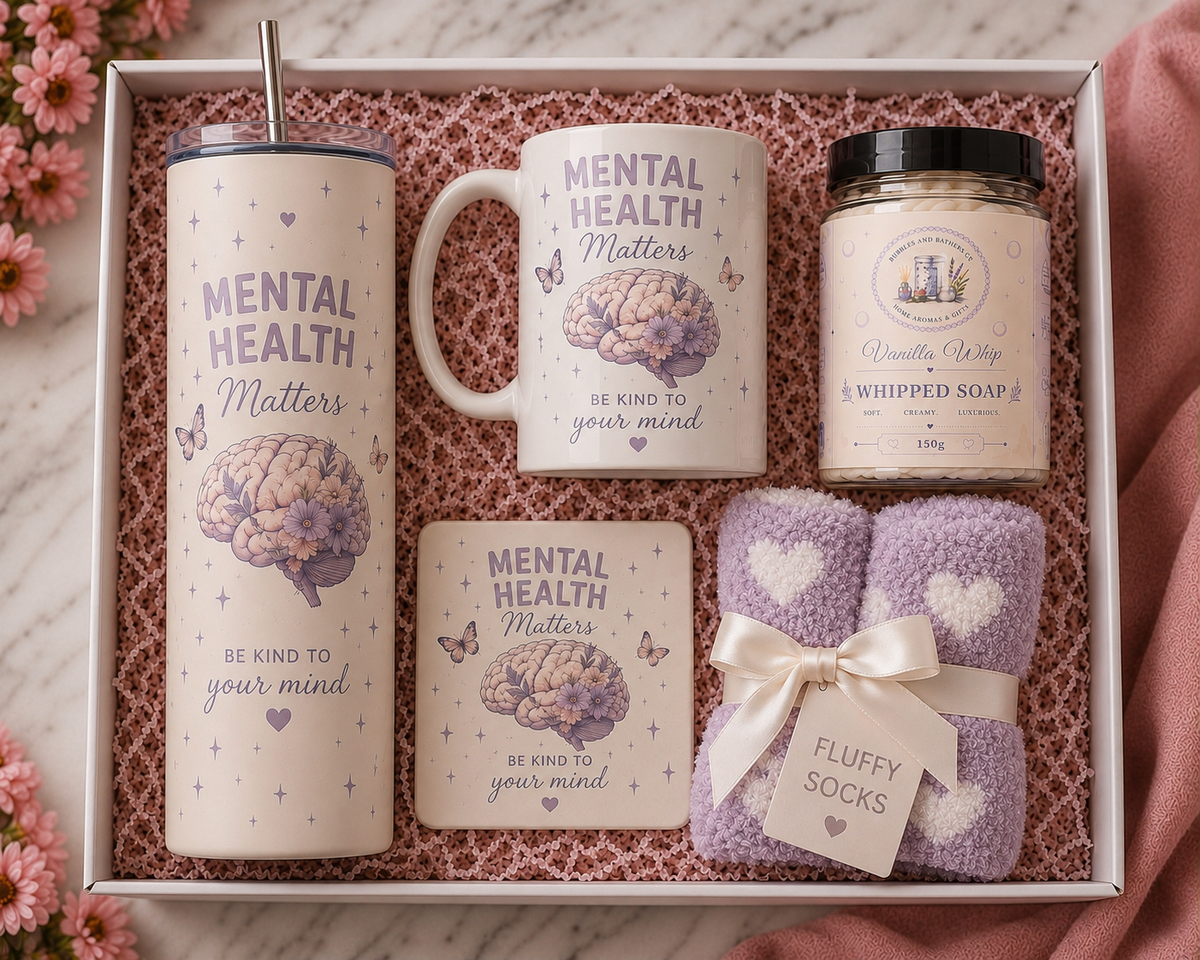 Mental Health Matters Self Care Gift Set | Tumbler, Mug, Coaster, Fluffy Socks & Whipped Soap
