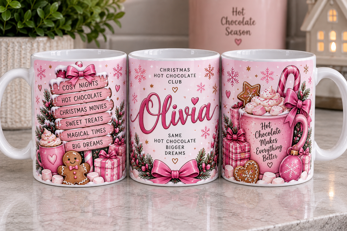 Personalised Pink Christmas Hot Chocolate Mug – 11oz