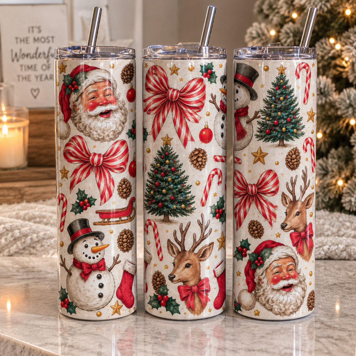 Christmas 20oz Tumbler – Santa, Snowman & Reindeer Design