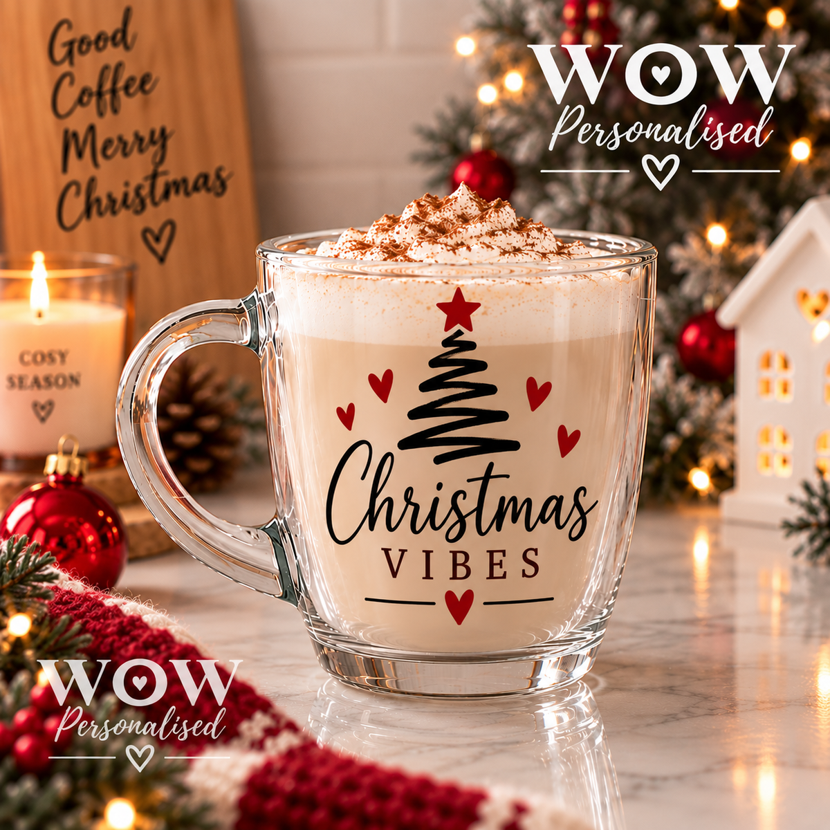 Christmas Vibes Glass Mug | Festive Cappuccino & Coffee Cup