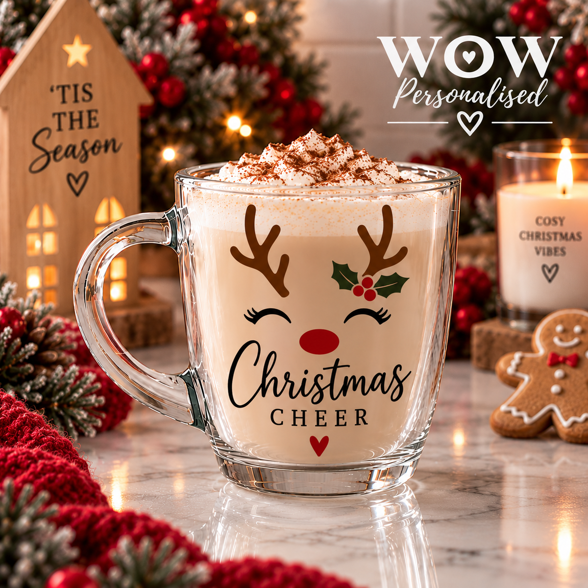 Christmas Cheer Reindeer Glass Mug | Festive Cappuccino Cup