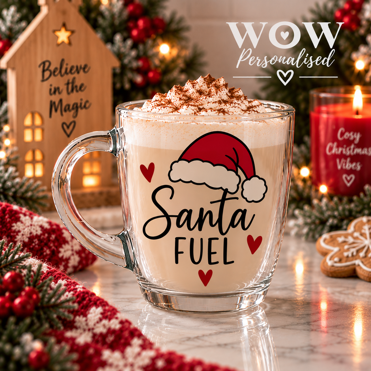 Santa Fuel Glass Mug | Christmas Cappuccino & Coffee Cup