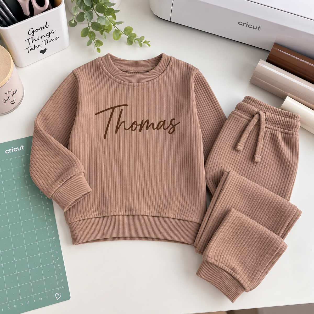 Personalised Kids Ribbed Lounge Set – Custom Name Two Piece Outfit