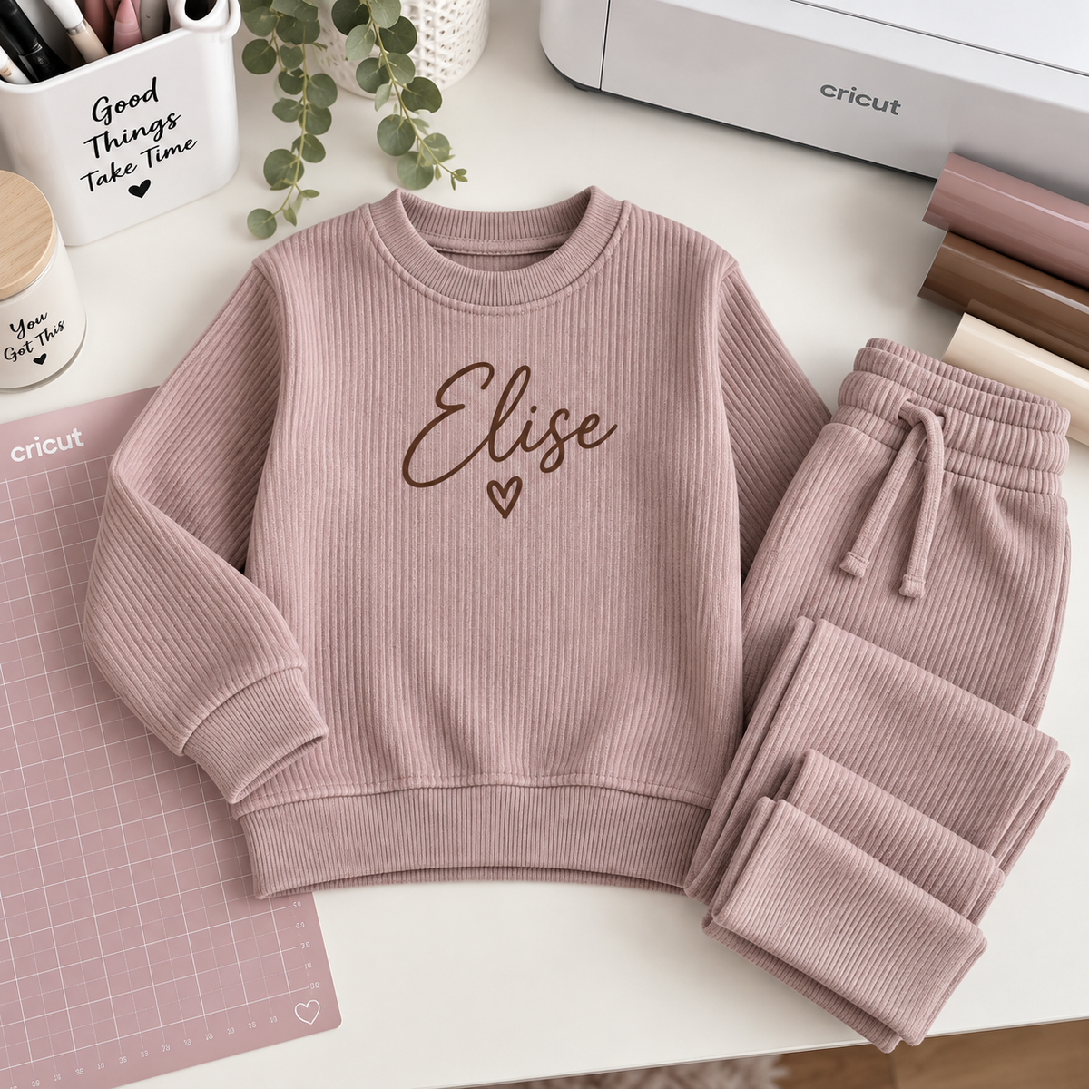 Personalised Kids Ribbed Lounge Set – Custom Name Two Piece Outfit