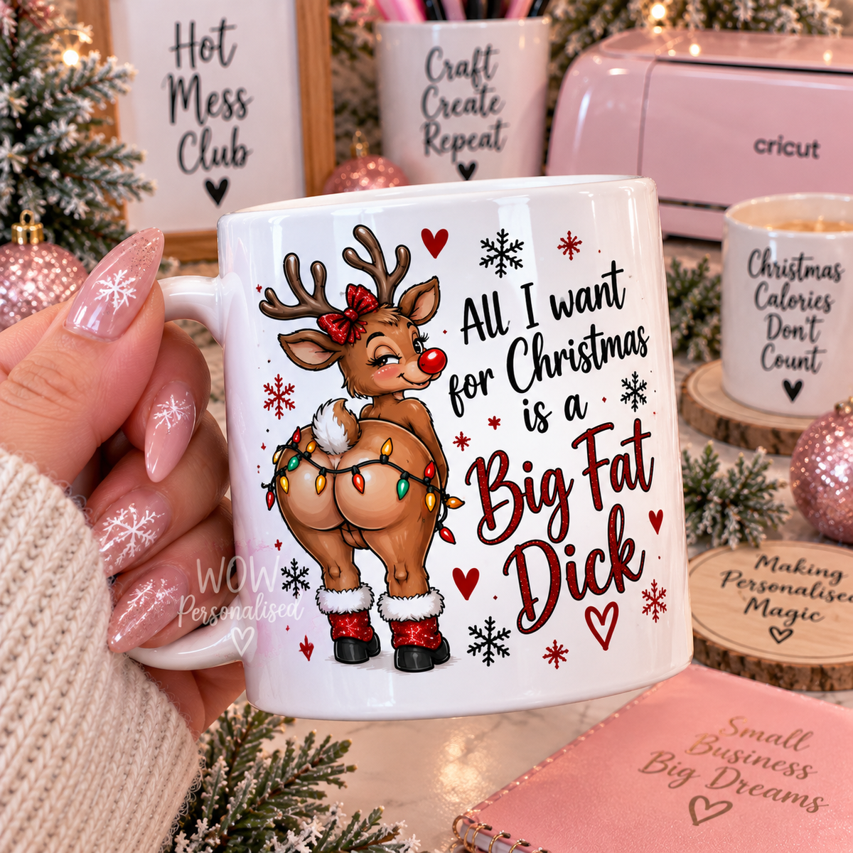 Rude Christmas Mug | Big Fat Dick Reindeer Mug | Funny Adult Gift | WOW Personalised