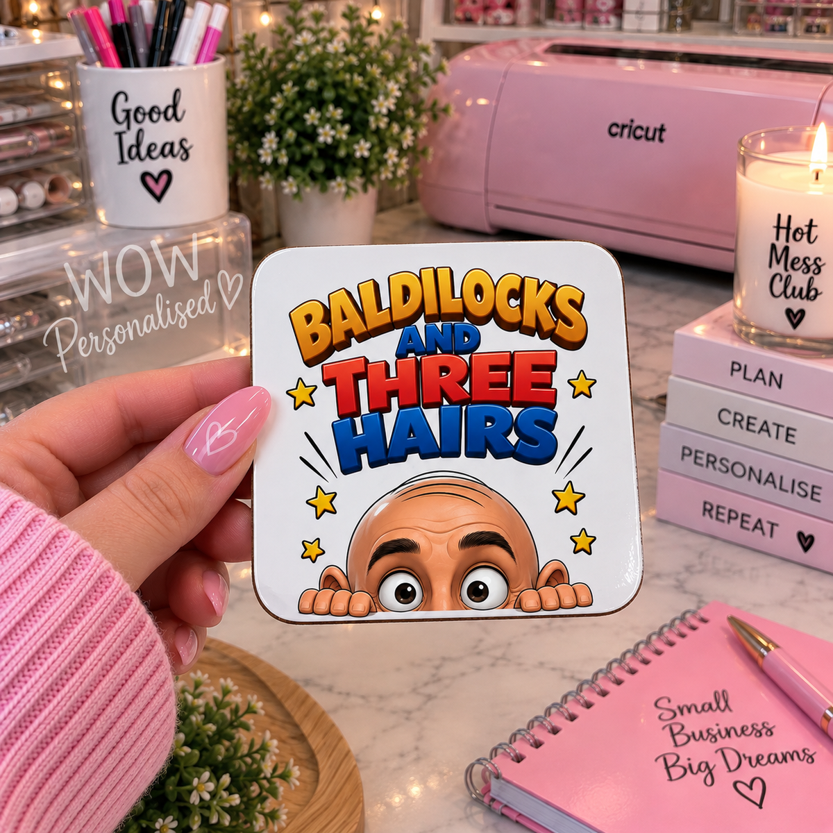 Baldilocks and Three Hairs Coaster | Funny Bald Man Gift | WOW Personalised