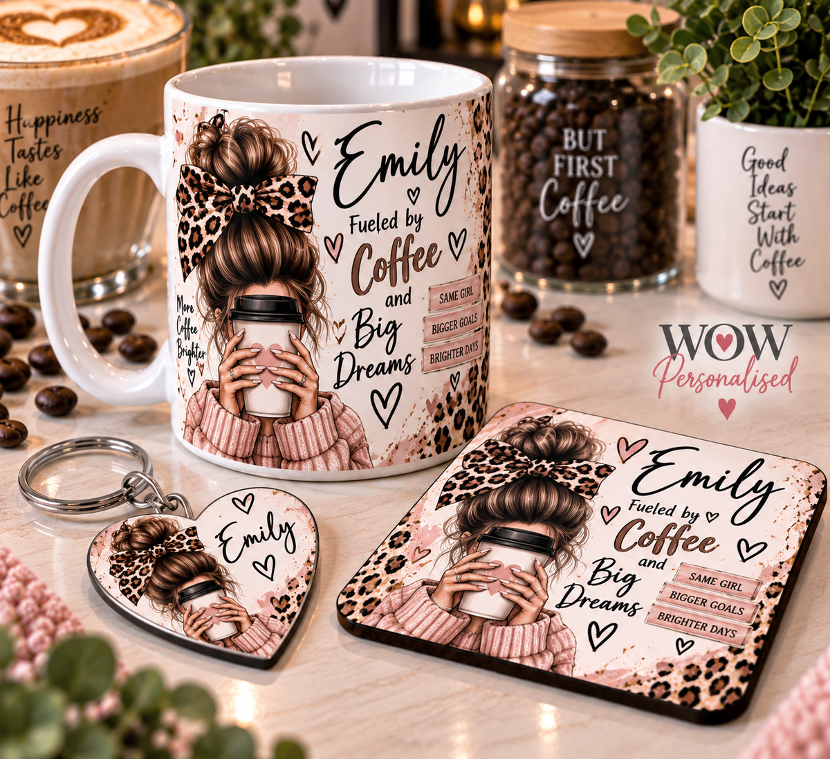 Personalised Coffee Lover Gift Set | Mug, Coaster & Heart Keyring