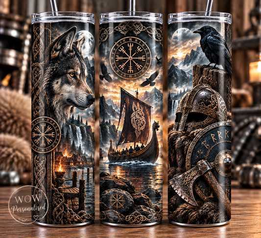Norse Wolf & Raven 20oz Skinny Tumbler | Viking Inspired Gift