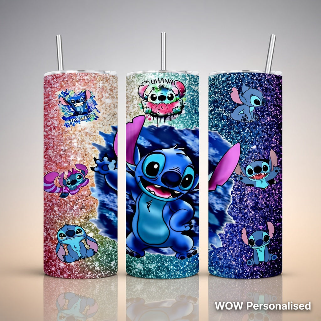 Stitch Glitter 20oz Skinny Tumbler | Cute Blue & Pink Travel Cup