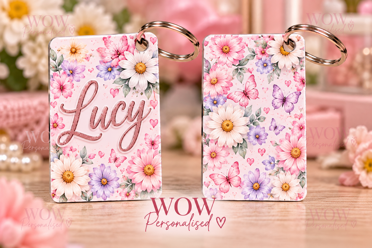 Personalised Floral Butterfly Name Key Ring | Custom Double-Sided Keyring