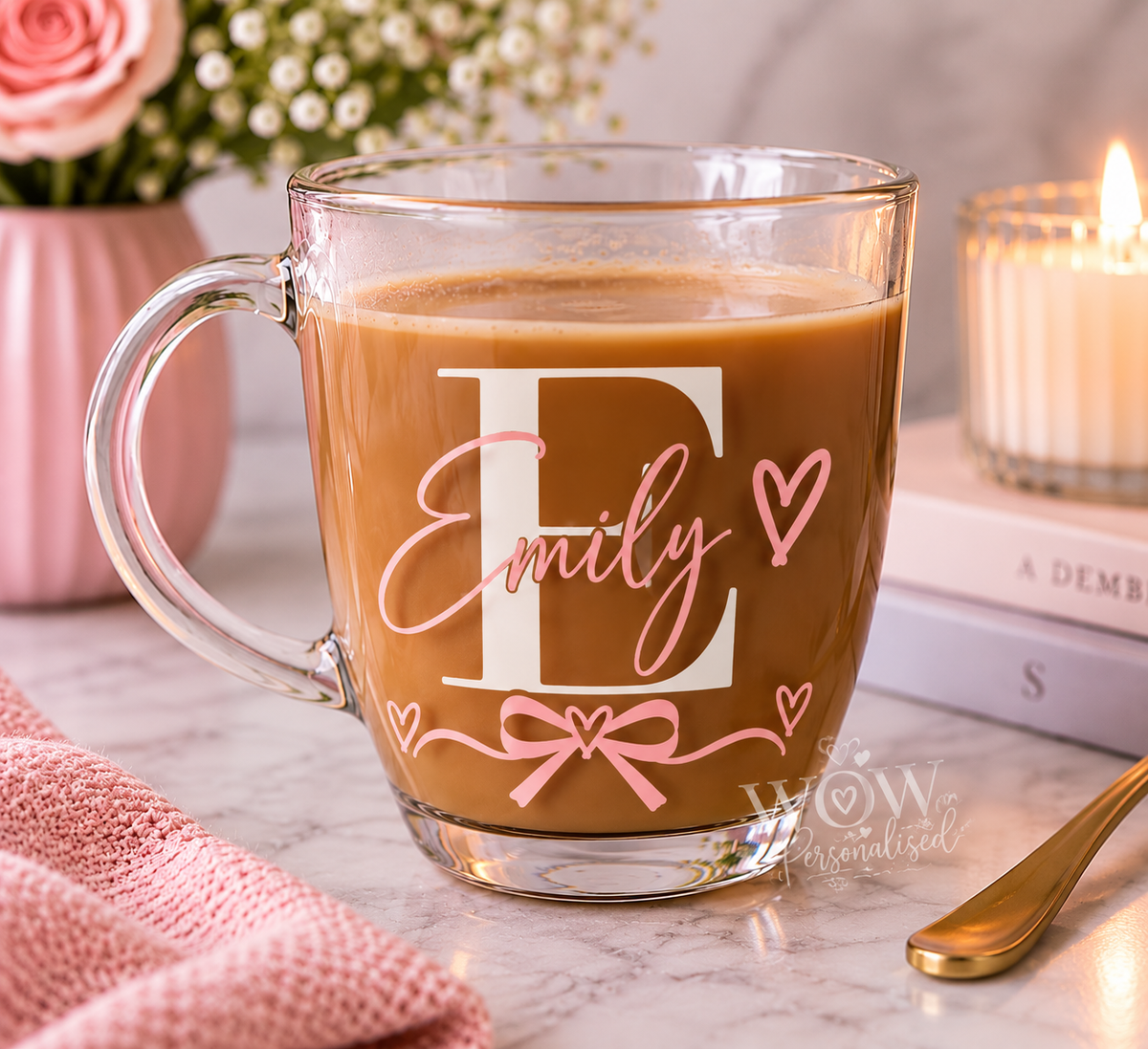 Personalised Initial & Name Glass Mug | Custom Vinyl Coffee Cup