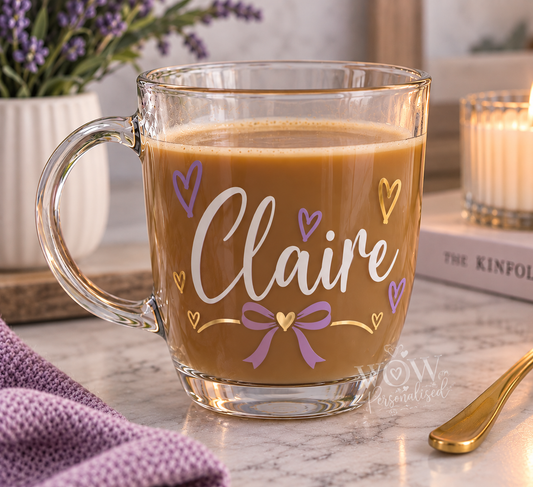 Personalised Name Glass Mug | White & Purple Vinyl Coffee Cup