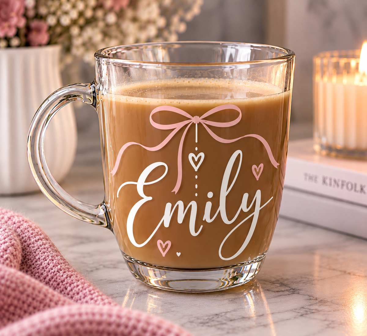 Personalised Name Glass Mug | Pink & White Vinyl Coffee Cup