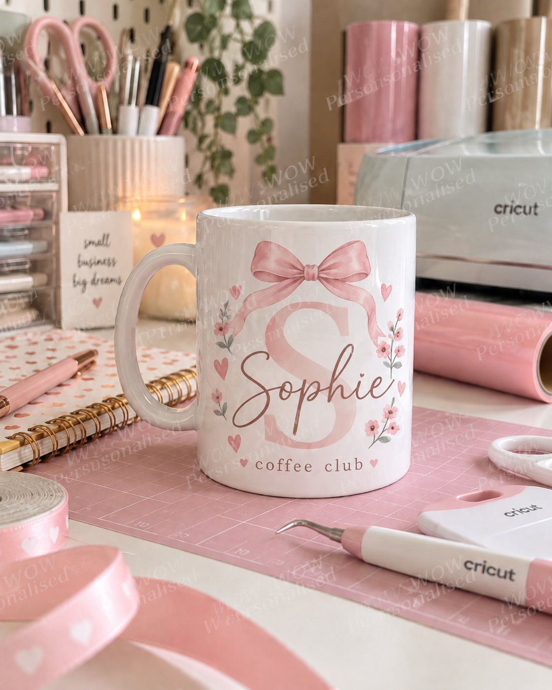 Personalised Floral Initial 11oz Mug – Pink Bow Name Mug