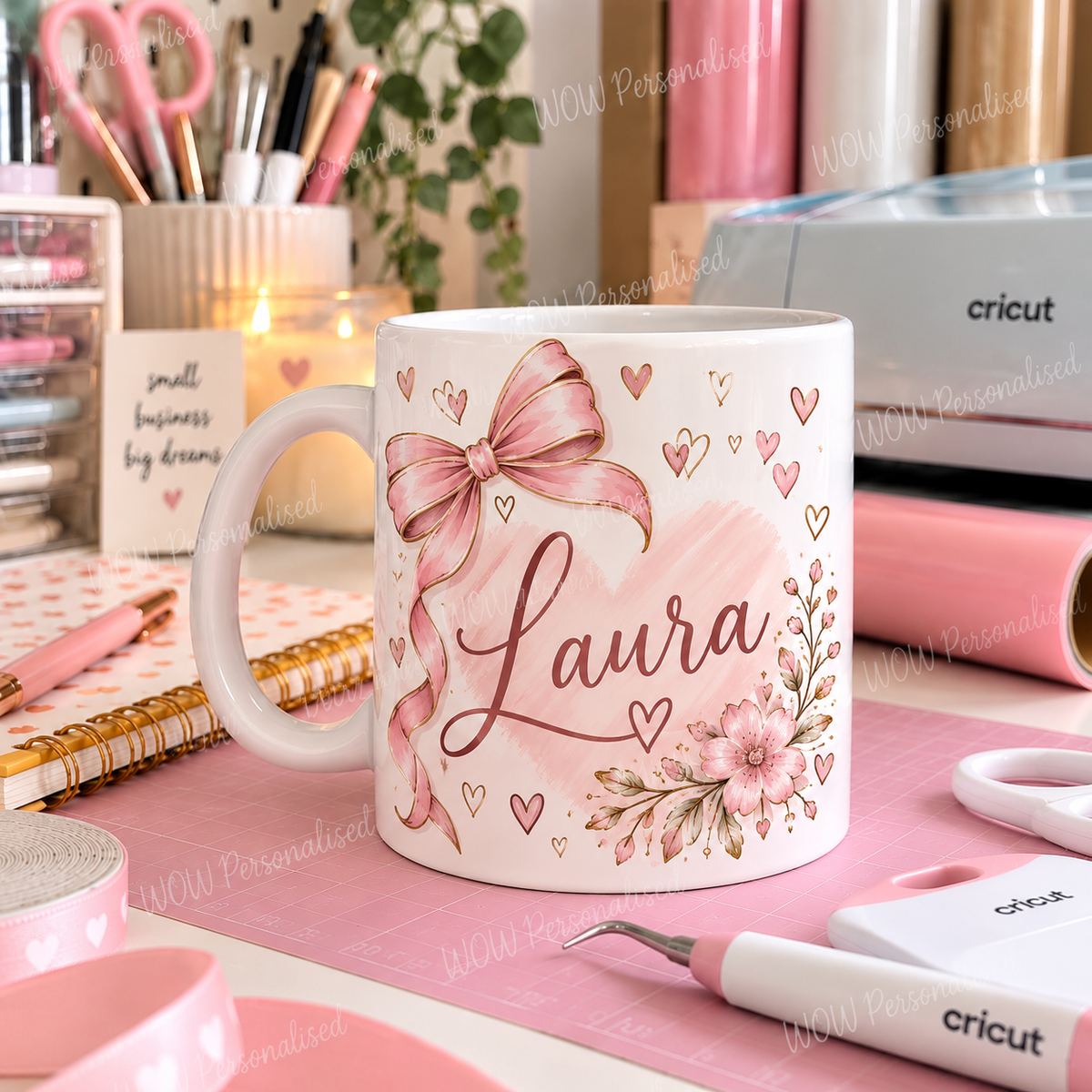 Personalised Name 11oz Mug – Pink Bow, Heart & Floral Design