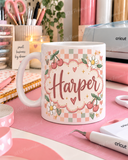 Personalised Name 11oz Mug – Cherry Gingham Floral Design