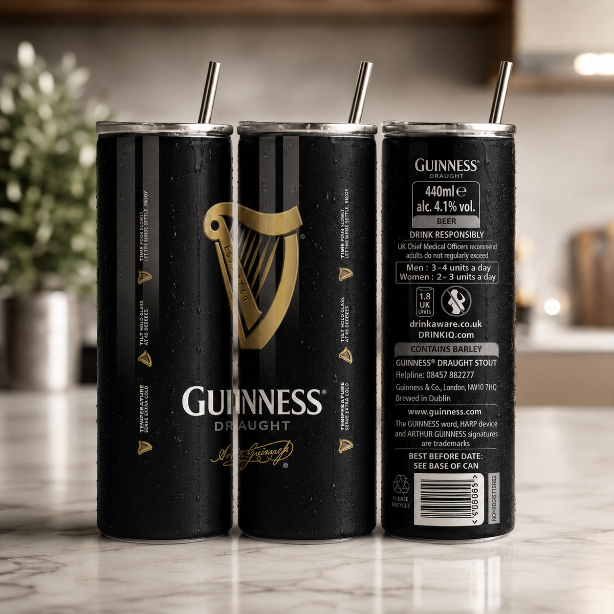 Guinness Inspired Skinny Tumbler with Straw | Stainless Steel Insulated Travel Cup | Novelty Gift