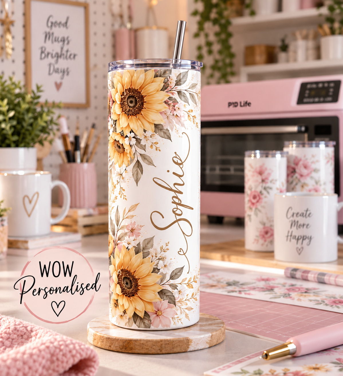Personalised Sunflower Tumbler – Custom Name 20oz Skinny Tumbler | Floral Cup