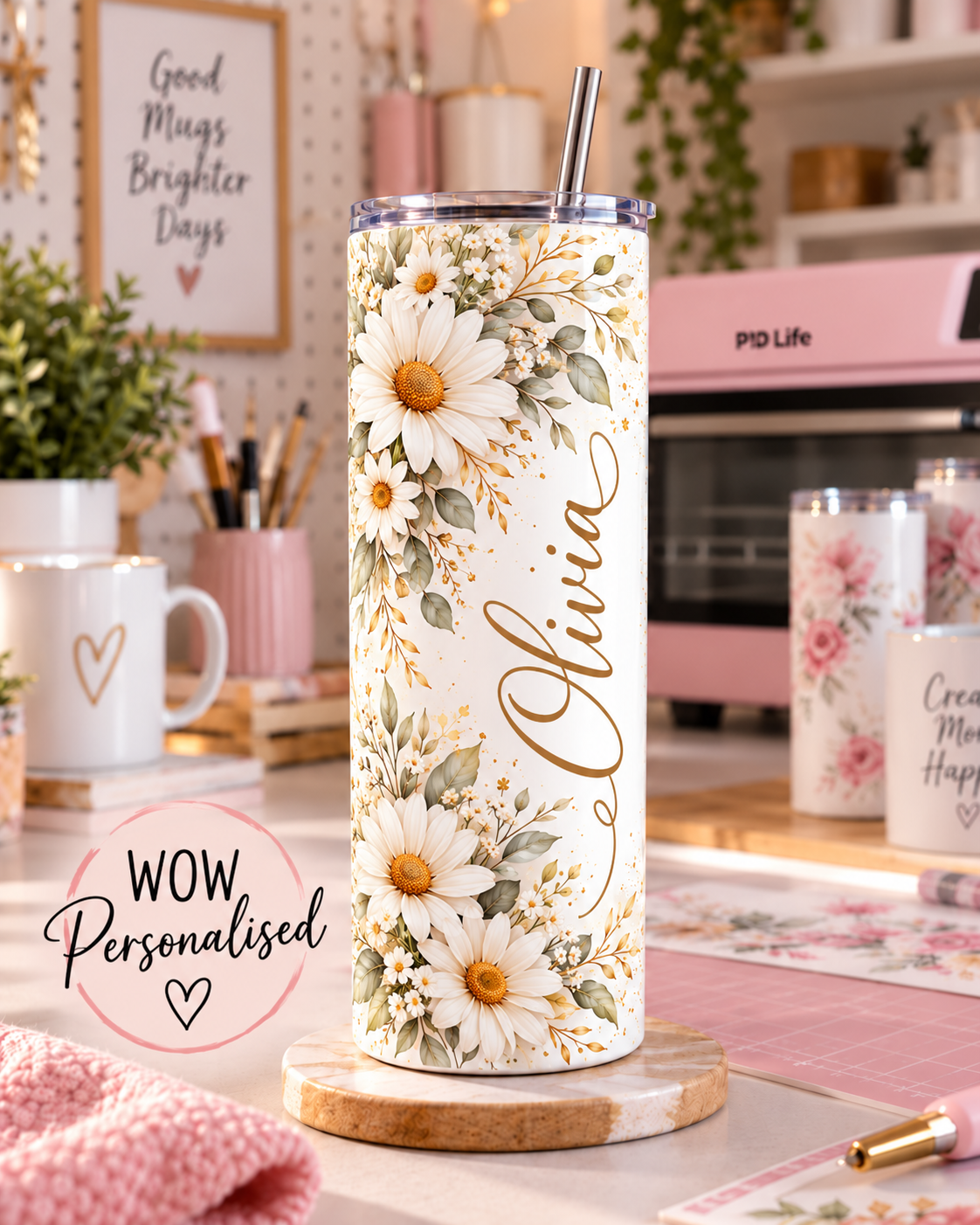 Personalised Daisy Tumbler – Custom Name 20oz Skinny Tumbler | Floral Cup