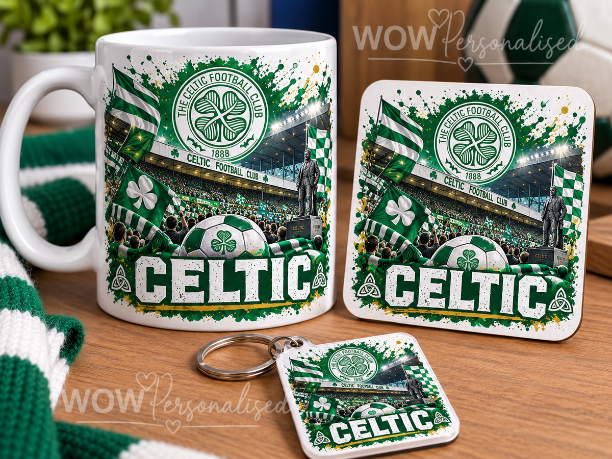 Celtic Football Mug, Coaster & Keyring Gift Set | Celtic Fan Gift