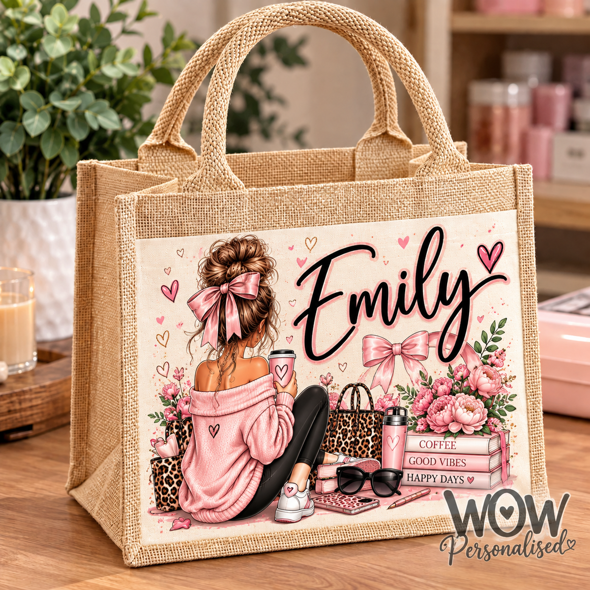 Personalised Name Jute Tote Bag | Custom Girls Tote Bag | WOW Personalised