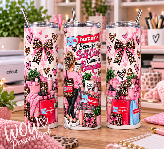 Home Bargains Self Care 20oz Skinny Tumbler | Pink Leopard Shopping Lover Cup