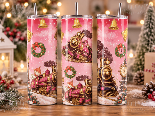 Pink Christmas Train 20oz Skinny Tumbler | Festive Travel Cup