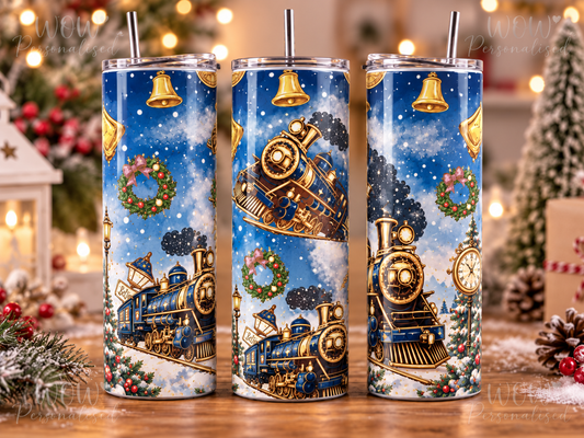 Blue Christmas Train 20oz Skinny Tumbler | Festive Travel Cup