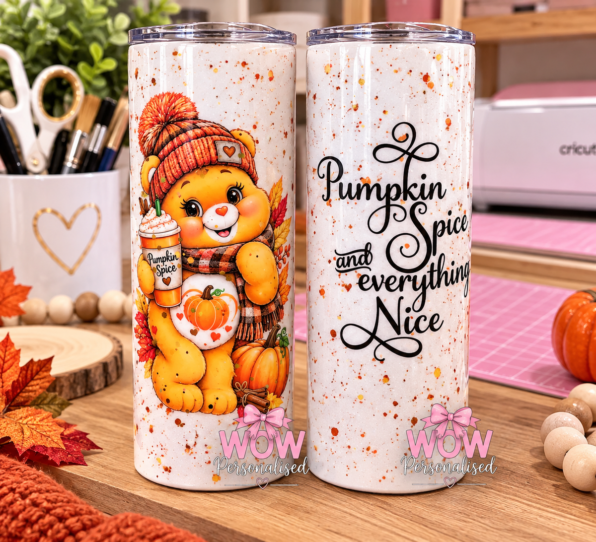 Pumpkin Spice & Everything Nice 20oz Skinny Tumbler | Cute Autumn Bear Travel Cup