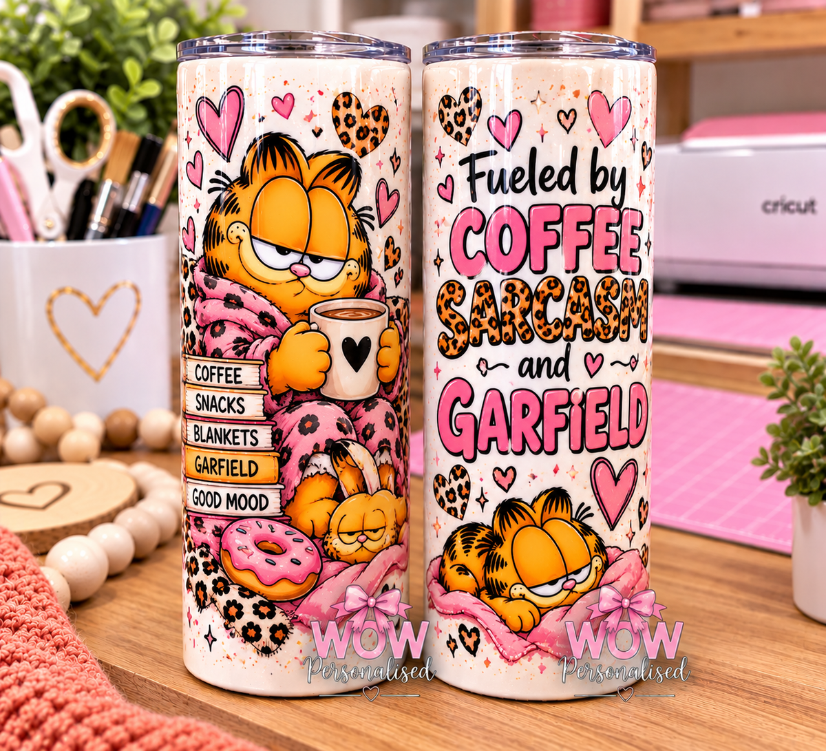 Garfield Inspired 20oz Skinny Tumbler | Pink Leopard Print Cat Travel Cup | Coffee & Sarcasm Tumbler