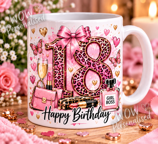 18th Birthday Mug for Her | Pink Leopard Print & Bow Design | 11oz Ceramic Cup | Girls 18th Birthday Gift