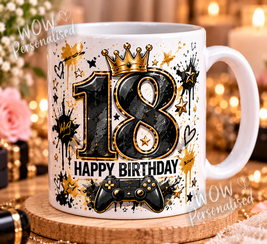 18th Birthday Gaming Mug | Black & Gold Gamer Design | 11oz Ceramic Mug | 18th Birthday Gift for Him or Her