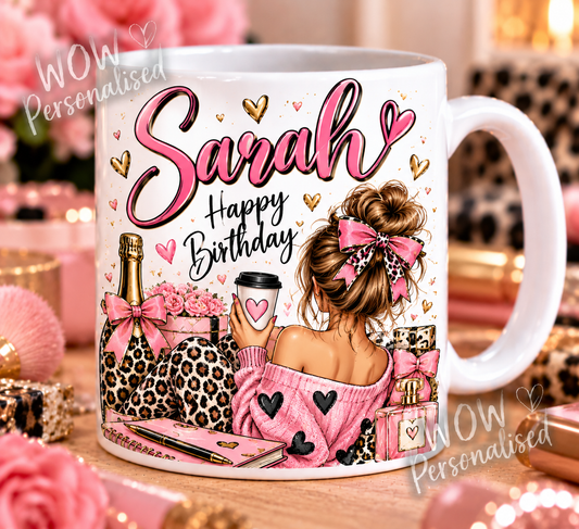 Personalised Birthday Mug for Her | Pink Bow & Leopard Print Girl Design | Any Name | 11oz Ceramic Cup | Birthday Gift for Women