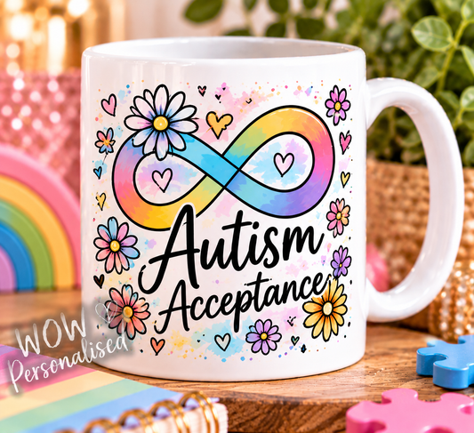 Autism Acceptance Mug | Rainbow Infinity Symbol & Flowers | Neurodiversity Awareness Gift | 11oz Ceramic Coffee Cup