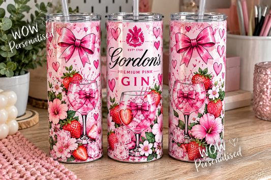 Gordon's Pink Gin Inspired 20oz Skinny Tumbler | Pink Bow & Strawberry Design | Gin Lover Gift for Her