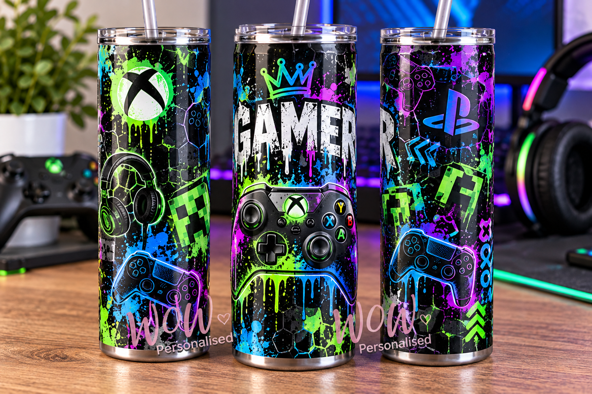 Neon Gaming 20oz Skinny Tumbler | Colourful Gamer Controller Design | Gaming Gift for Boys, Girls & Adults