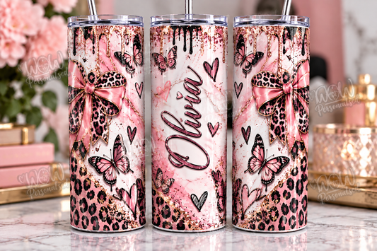 Personalised Pink Leopard Print 20oz Skinny Tumbler | Custom Name Cup
