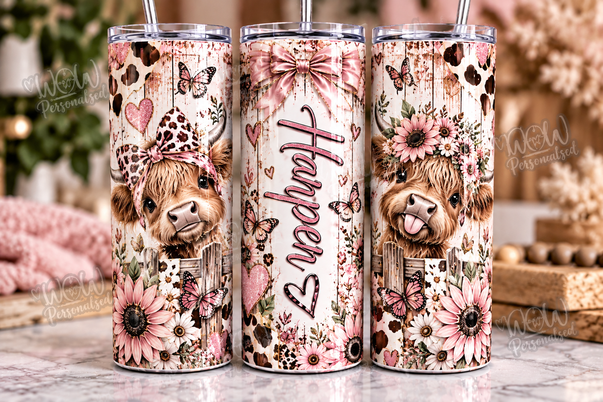 Personalised Highland Cow 20oz Skinny Tumbler | Custom Name Cup