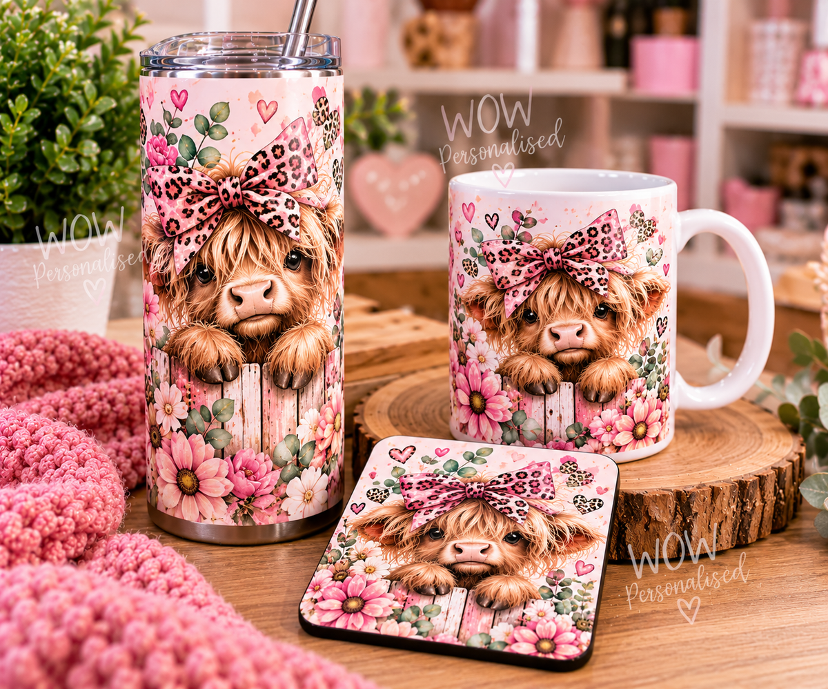 Highland Cow Matching Gift Set | 20oz Tumbler, Mug & Coaster | Pink Floral Design