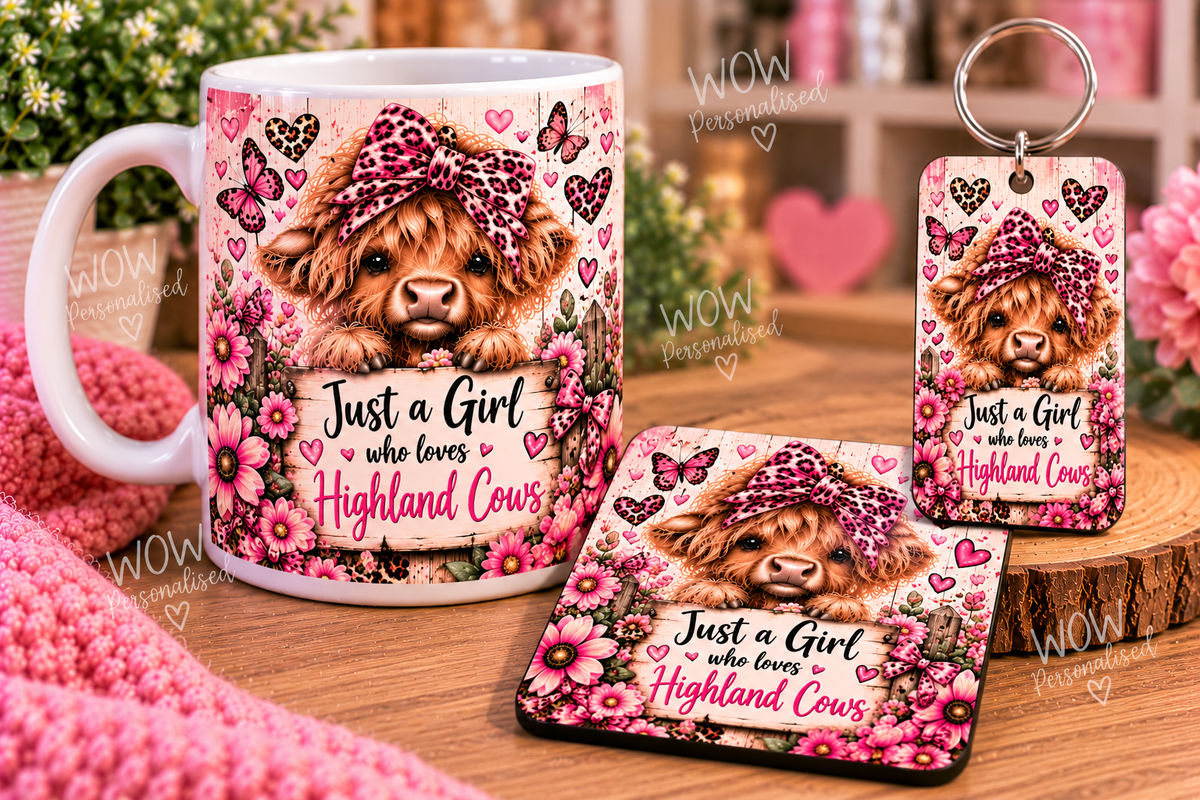Highland Cow Matching Gift Set | Mug, Coaster & Keyring | Pink Leopard Print