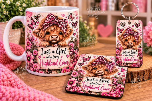 Highland Cow Matching Gift Set | Mug, Coaster & Keyring | Pink Leopard Print