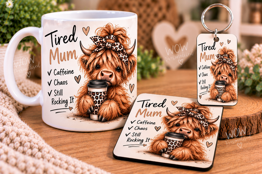 Tired Mum Highland Cow Gift Set | Mug, Coaster & Keyring | Funny Mum Gift