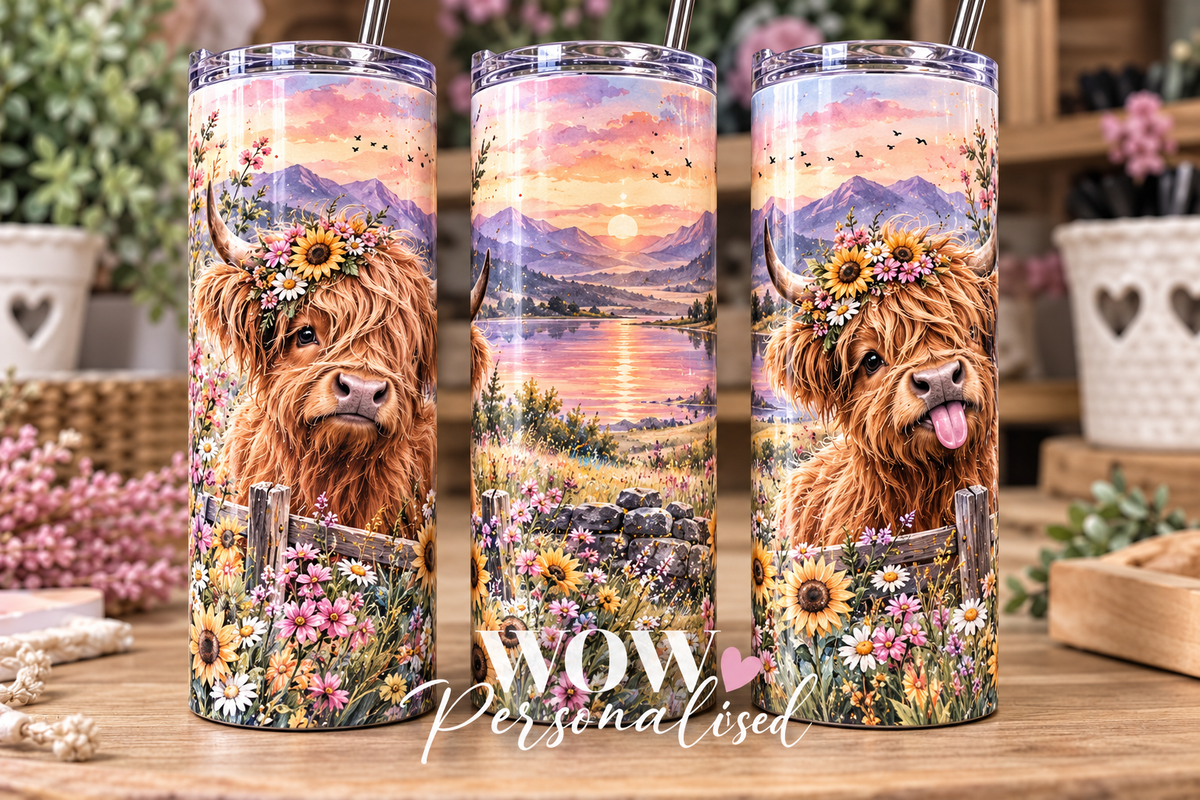 Highland Cow 20oz Skinny Tumbler | Floral Sunset Cow Cup with Straw