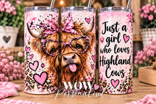 Highland Cow 20oz Skinny Tumbler | Just a Girl Who Loves Highland Cows | Pink Leopard Print