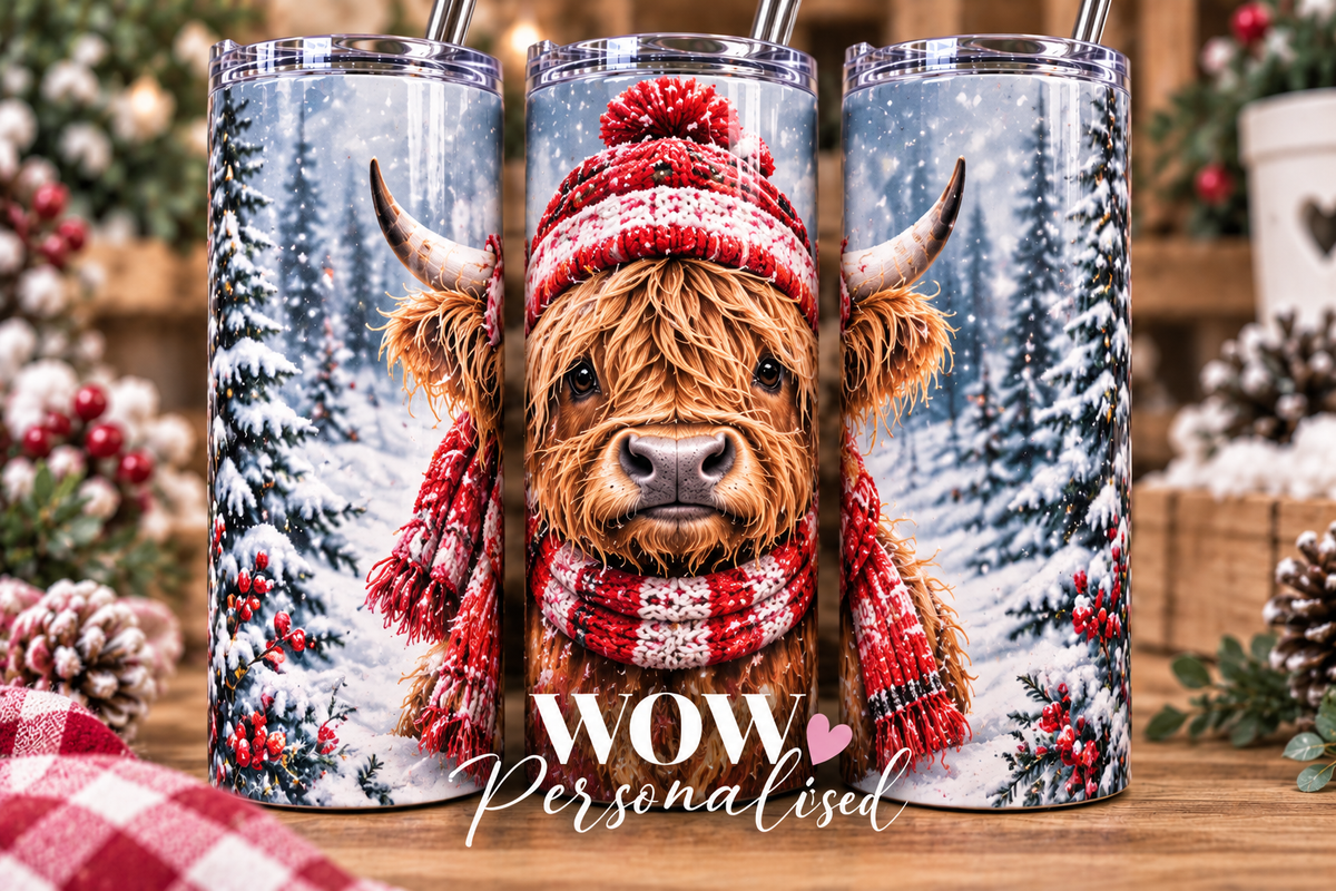 Christmas Highland Cow 20oz Skinny Tumbler | Cute Winter Cow Cup with Straw