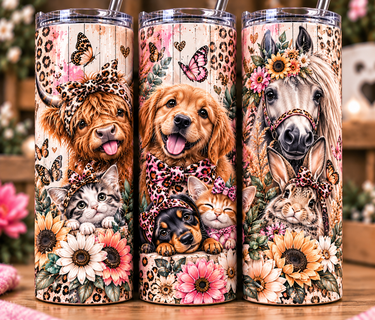 Cute Animal 20oz Skinny Tumbler | Highland Cow, Puppy, Kitten & Horse Leopard Print Cup