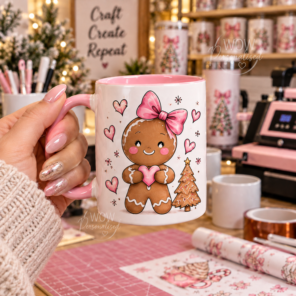 Cute Gingerbread Girl Christmas Mug | Pink Festive Mug | Christmas Gift for Her