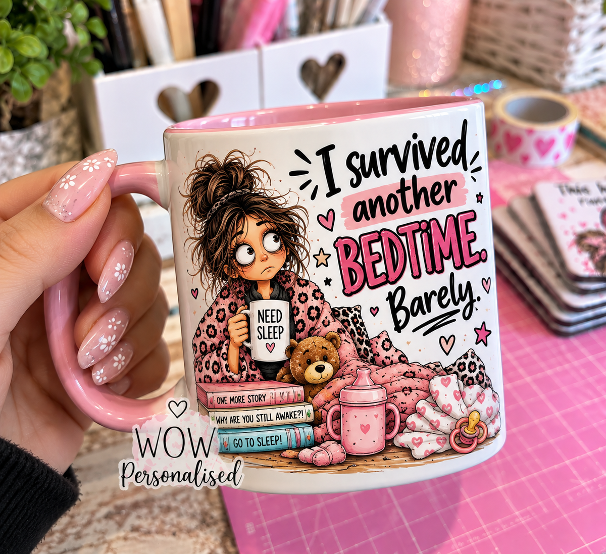 I Survived Another Bedtime Barely Mug | Funny Mum Mug | Exhausted Mummy Gift | Pink 11oz Coffee Cup | WOW Personalised