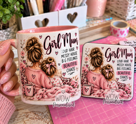 Girl Mum Mug & Matching Coaster Set | Pink Mummy Gift | Cute Mother & Daughter Design | Mother’s Day & Birthday Gift | WOW Personalised